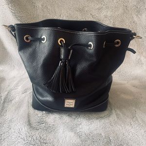 Dooney and Burke Black and Gold (Red Interior) Bucket Handbag.